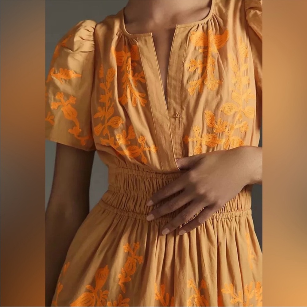 Anthropologie Somerset Orange Floral Embroidered Dress - Picture 3 of 5